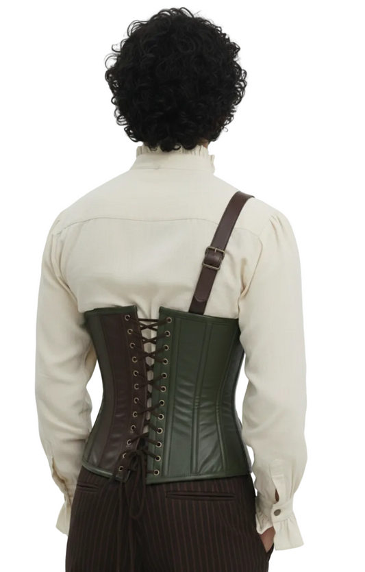 Rear view of men's LARP armor vest showing heavy-duty back lacing for size adjustment. The asymmetrical strap crosses the back diagonally.