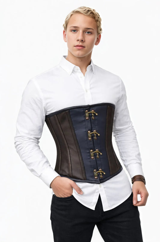 Side profile of a male model wearing a structured leather underbust vest over a white dress shirt. The two-tone design creates a V-tapered silhouette suitable for alternative weddings or formal events.