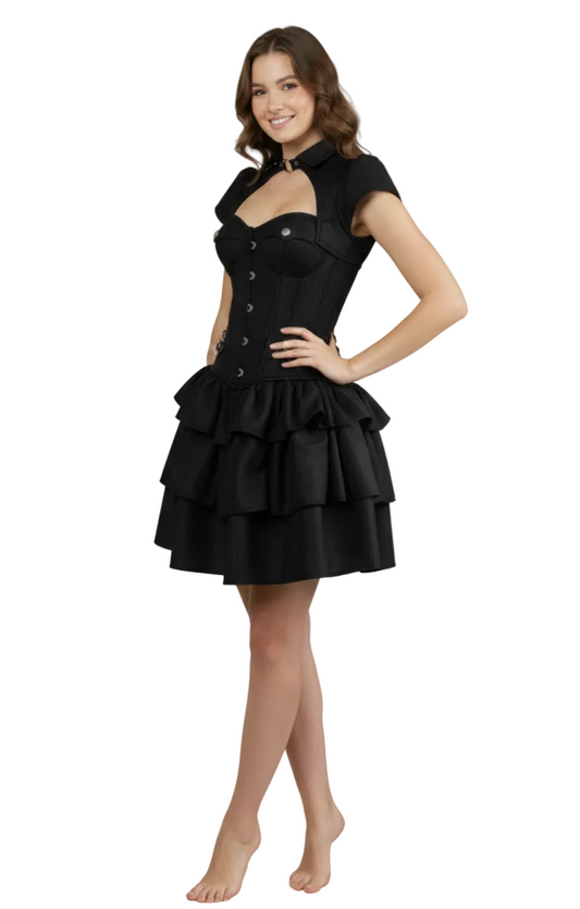 Side profile of the dress, highlighting the cap sleeves and the fit-and-flare silhouette appropriate for Gothic Lolita or Steampunk styling.