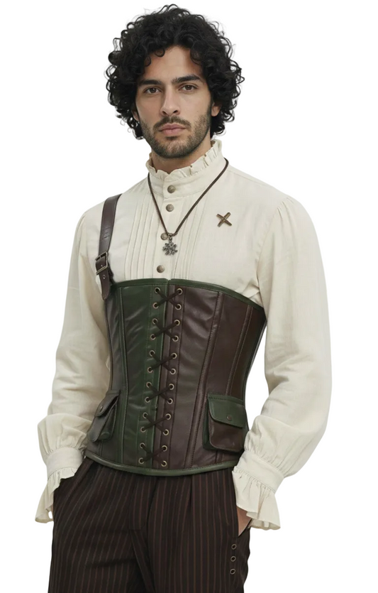 Front view of The Ironwood Ranger vest. A dual-tone corset in forest green and brown leather. Features a single-shoulder 'baldric' style strap and two snap-button hip pockets.
