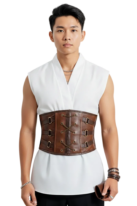 Front view of The Vanguard, a wide leather men's cincher belt. Features triple strap buckles on the sides and decorative crisscross lacing at the center front.