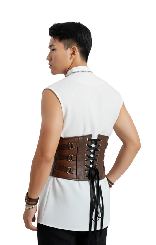 Rear view showing the heavy-duty back lacing system, providing core support and adjustable fit.